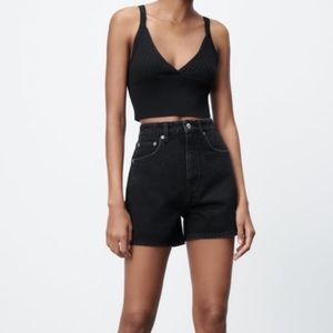 Zara High Rise Black Denim Semi Distressed Shorts